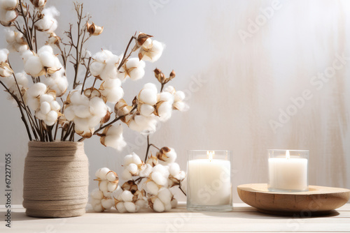 Vase with cotton flowers and white candles on the table