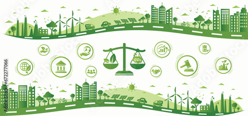 Green rights and law or environment law for better living with eco friendly and sustainable future. Green environment template with isolated icons. Modern flat infographic, vector illustration.