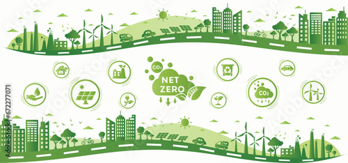 Net zero and carbon neutral concept. Net zero greenhouse gas emissions target. Climate neutral long term strategy, green net zero icon and on the world and green city with circles doodle background. photo