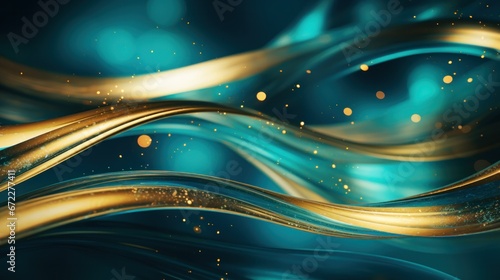 Abstract Elegant Background with Liquid Gold Ribbons in Dark Blue, Aqua with Room for Copy, Text and Gold Paint Drops