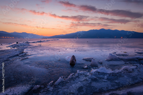 Frozen lake in South Korea in winter in sunrise at Dumulmeori, Yangpyeong, South Korea.
