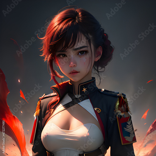 A girl in a military uniform against a background of smoke, sparks