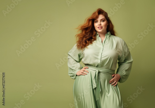 confident and calm beautiful happy red hair woman plus size model posing on green background photo