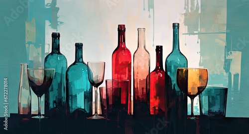 an inverted image of colored wine bottles and glasses Generative AI photo