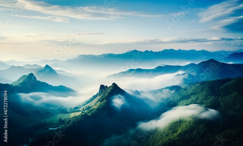 Tranquil Mountain Scenery With A Misty Panoramic Horizon And Blue Heavens  © Lightning Traveler