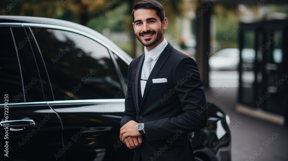 Chauffeur man wearing white glove smiling at front luxury car, professional transport service.