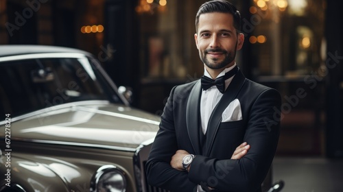 Chauffeur man wearing white glove smiling at front luxury car, professional transport service. photo