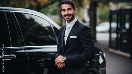 Chauffeur man wearing white glove smiling at front luxury car, professional transport service.