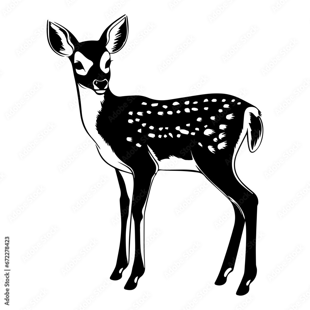 cute baby spotted deer fawn Monochrome illustration, deer silhouette design, Generative AI.