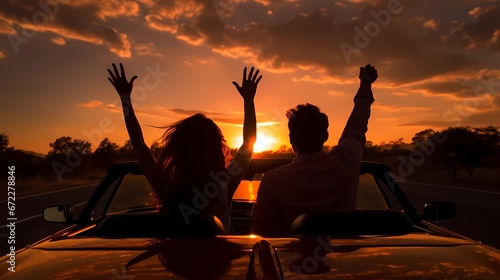 silhouette of happy couple sitting in car, Generative AI photo