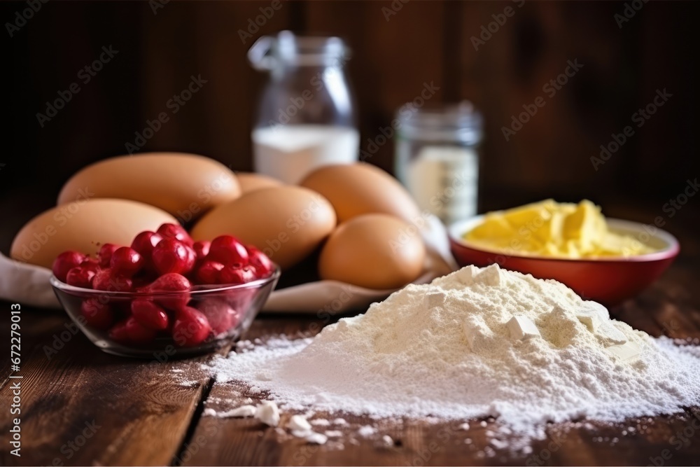 Fototapeta premium baking ingredients for baking with flour, butter and eggs. 