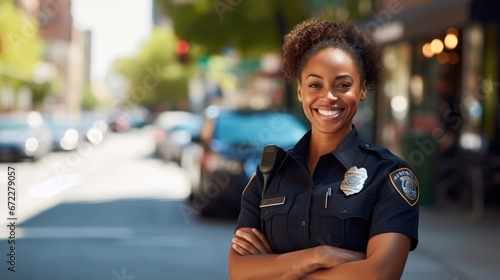Portrait of African American women police officer standing with smiling on street. photo