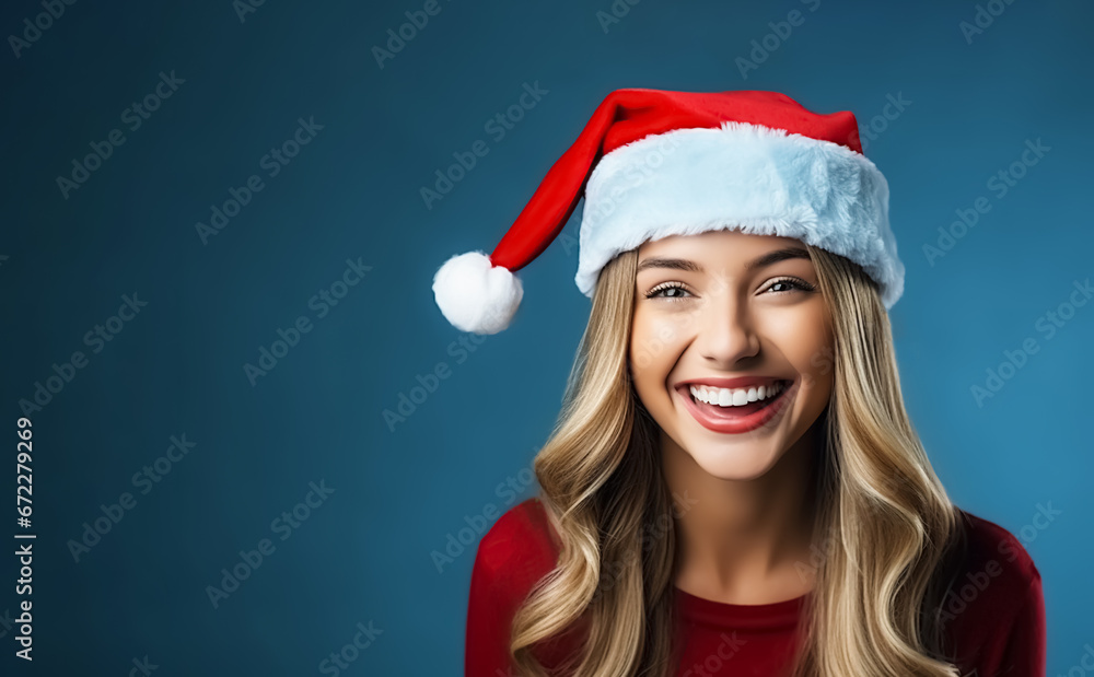 Portrait happy blonde woman in red Santa hat isolated on blue color background. Christmas pretty girl. Laughing young model with beauty smile. Festive banner template with copy space Portrait happy blonde woman in red Santa hat isolated on blue color background. Christmas pretty girl. Laughing young model with beauty smile. Festive banner template with copy space
