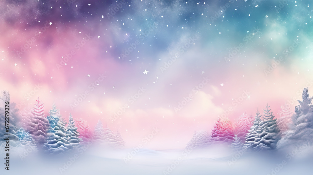  a snowy landscape with trees and a sky full of stars.  generative ai