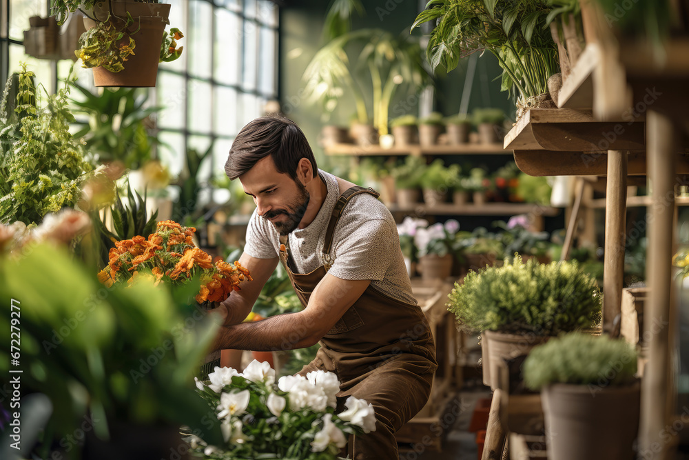Male florist working in indoor potted plant store Male florist working in indoor potted plant store