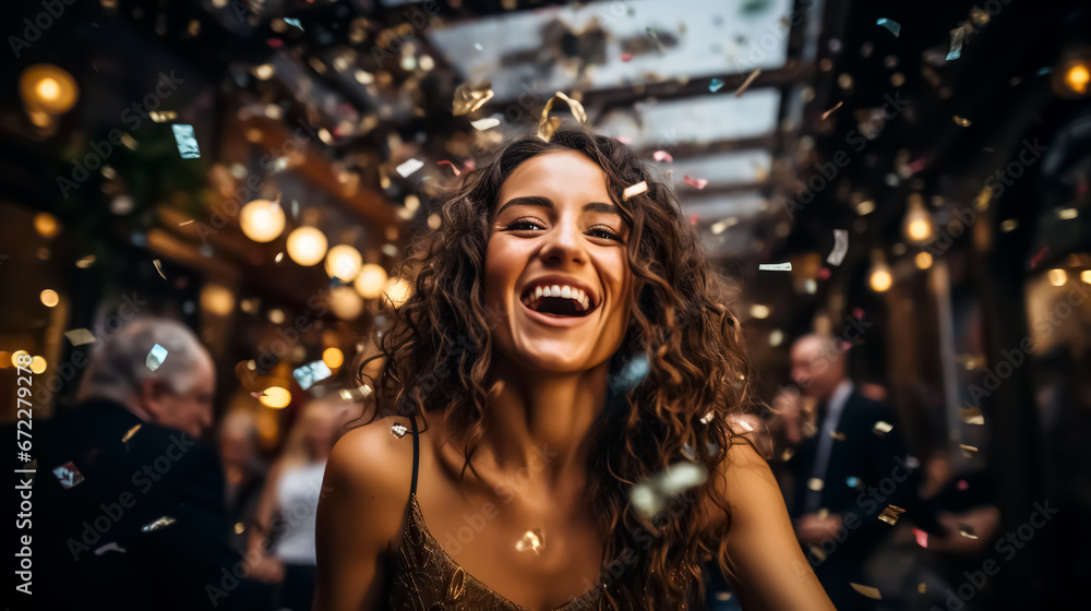 Portrait happy young woman in party on restaurant, cafe or office. Falling gold confetti. Blurred background with people and lights. Celebration New Year
