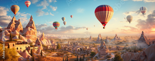 Cappadocia, Hot air colores balloons flying over country. photo