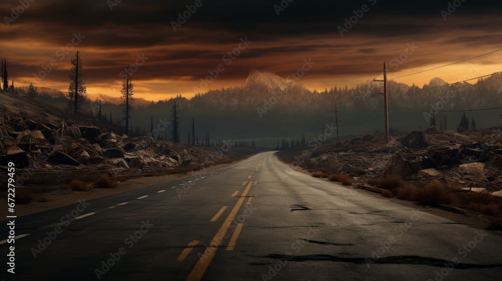 Lonely road in the middle of nowhere, copy space, 16:9
