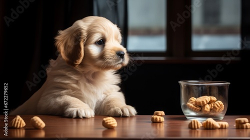 puppy sitting and happily staring at a treat in front of them, copy space, 16:9
