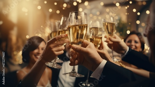 Happy mature people cheers with champagne drinks glasses at dinner gala. Toast in a party to celebrate achievement or new year at luxury event. photo