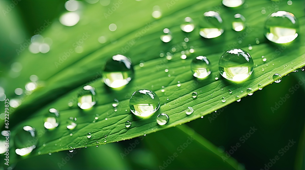 a close up of a green leaf with water droplets on it. generative ai a close up of a green leaf with water droplets on it. generative ai