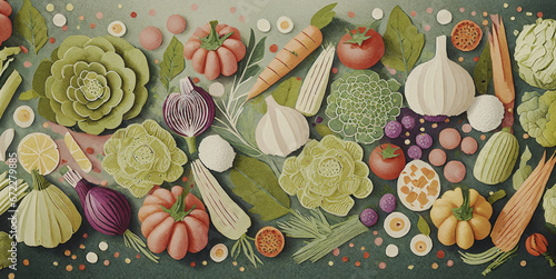 illustrazione con sfondo di verdure e ortaggi freschi di stagione, agricoltura e alimentazione photo