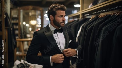 man trying on a tuxedo in a rental shop, copy space, 16:9 © Christian