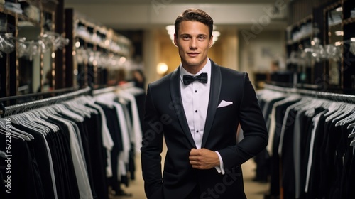 man trying on a tuxedo in a rental shop, copy space, 16:9 photo