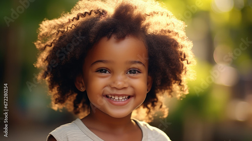 Smile african american kid have fun. Funny little girl play outdoor. Pritty child enjoy summer. Happy childhood concept. Beautiful children at kindergarten. Joy positive nice person. Nature background