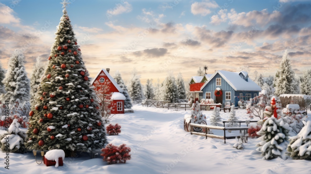 Christmas tree farm covered in snow, ornaments, and other holiday decor, copy space, 16:9 Christmas tree farm covered in snow, ornaments, and other holiday decor, copy space, 16:9