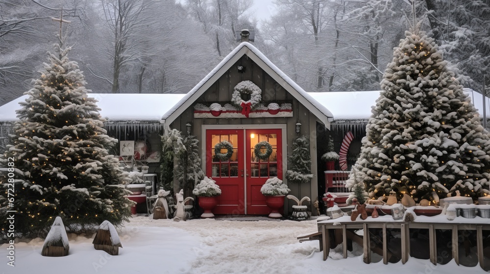 Christmas tree farm covered in snow, ornaments, and other holiday decor, copy space, 16:9 Christmas tree farm covered in snow, ornaments, and other holiday decor, copy space, 16:9