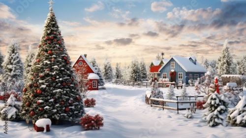 Christmas tree farm covered in snow, ornaments, and other holiday decor, copy space, 16:9