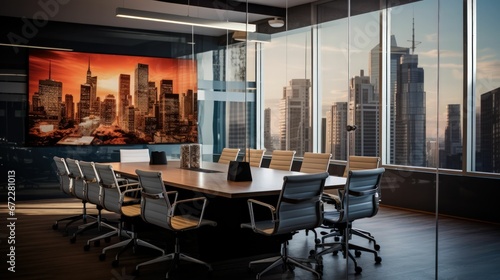 Modern Conference Room, Board Room with Multiple Chairs, Large Windows with City View, Clean Contemporary Interior Business Office