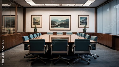 Modern Conference Room, Board Room with Multiple Chairs, Pictures on Walls, Clean Contemporary Interior Business Office