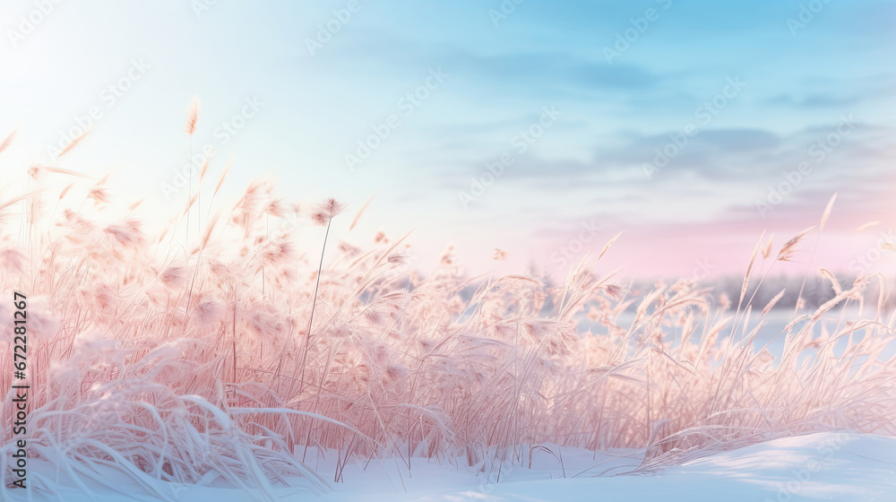  a field of tall grass covered in snow under a blue sky.  generative ai