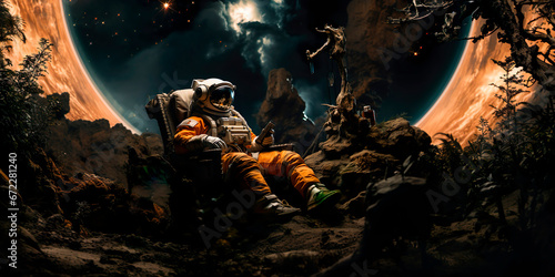 astronaut in spacesuit in space, in alien planet photo