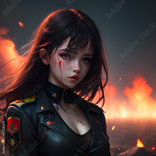 A girl in a military uniform against the background of smoke, sparks, fires