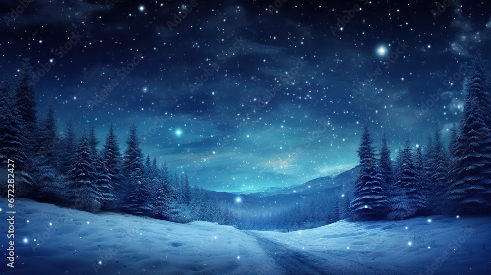  a night scene with a snow covered forest and stars in the sky.  generative ai