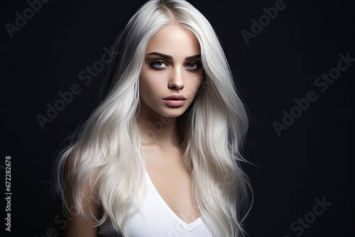 Young woman with long blonde hair on dark background. Glossy wavy white hair