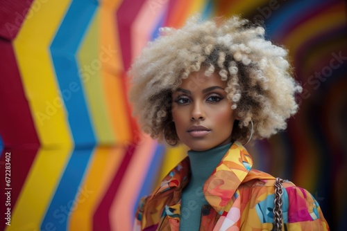 Portrait of african american 30s years old stylish young woman in modern clothes on colourful rainbow background. Fashion model lady posing  looking at camera  gorgeous hairstyle and makeup  style