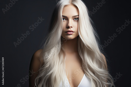 Young woman with long blonde hair on dark background. Glossy wavy white hair