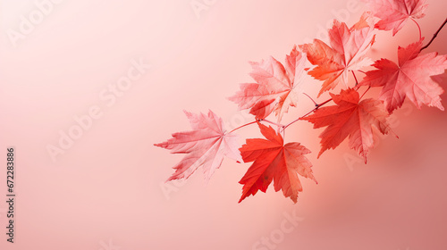  a branch with red and green leaves on it on a pink background. generative ai