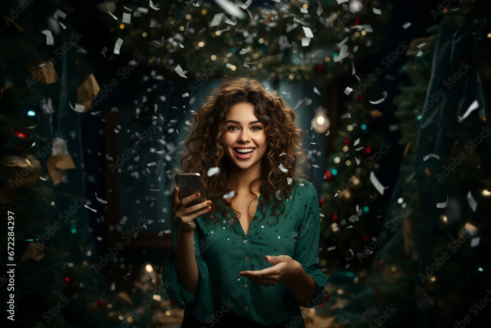 cheerful woman with a large mobile phone, under confetti, rejoices about winning cheerful woman with a large mobile phone, under confetti, rejoices about winning