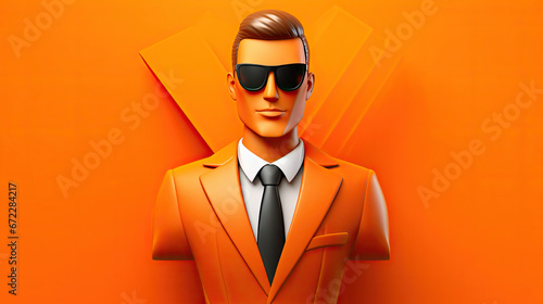  a man in a suit and sunglasses on an orange background. generative ai