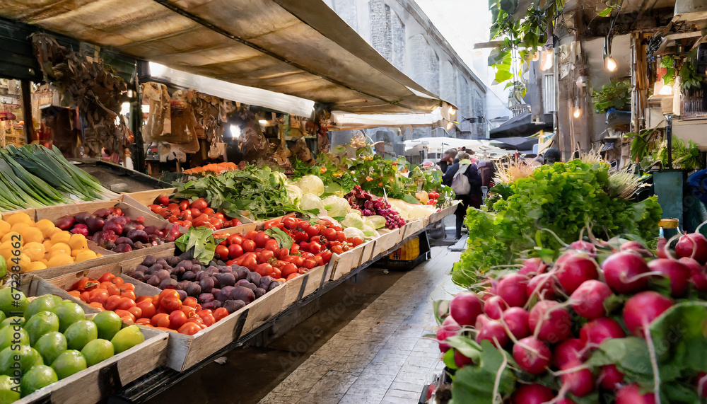 Bustling Market with Fresh Produce
