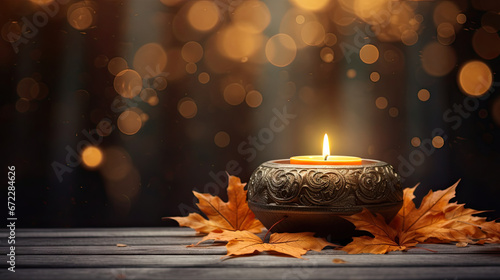  a lit candle sitting on top of a wooden table next to leaves.  generative ai © Shanti