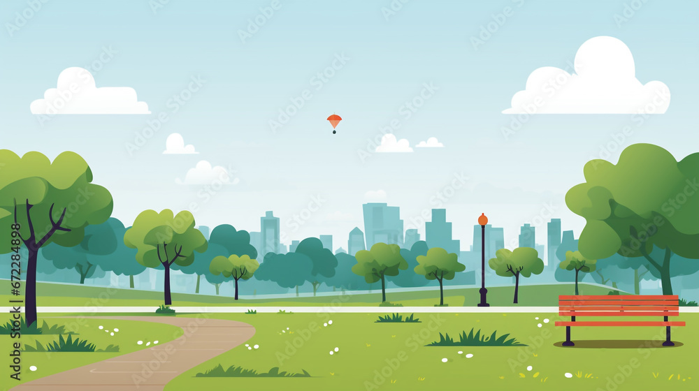 Illustration of a beautiful public park with a simple and minimalist drawing style. Landscape design that is orderly and quiet with no visitors. - obrazy, fototapety, plakaty 