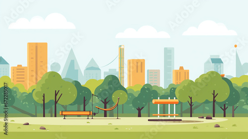 Illustration of a beautiful public park with a simple and minimalist drawing style. Landscape design that is orderly and quiet with no visitors. photo