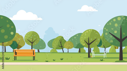 Illustration of a beautiful public park with a simple and minimalist drawing style. Landscape design that is orderly and quiet with no visitors.