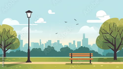 Illustration of a beautiful public park with a simple and minimalist drawing style. Landscape design that is orderly and quiet with no visitors.